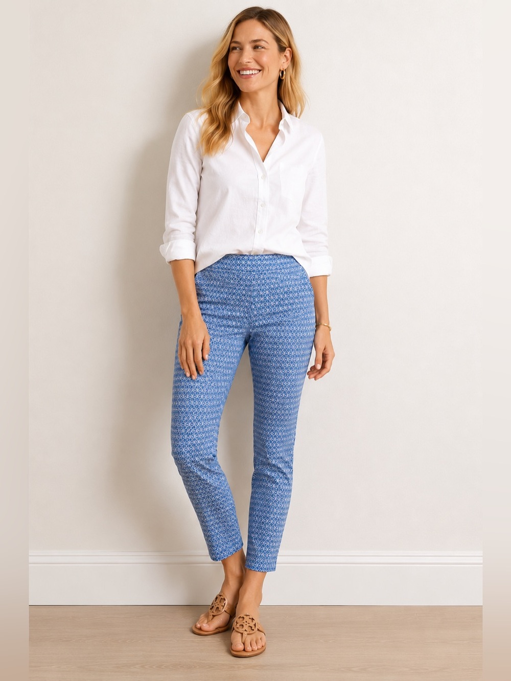 J. McLaughlin Newport Ankle Pants Blue White Dulce Dot Print Size 12